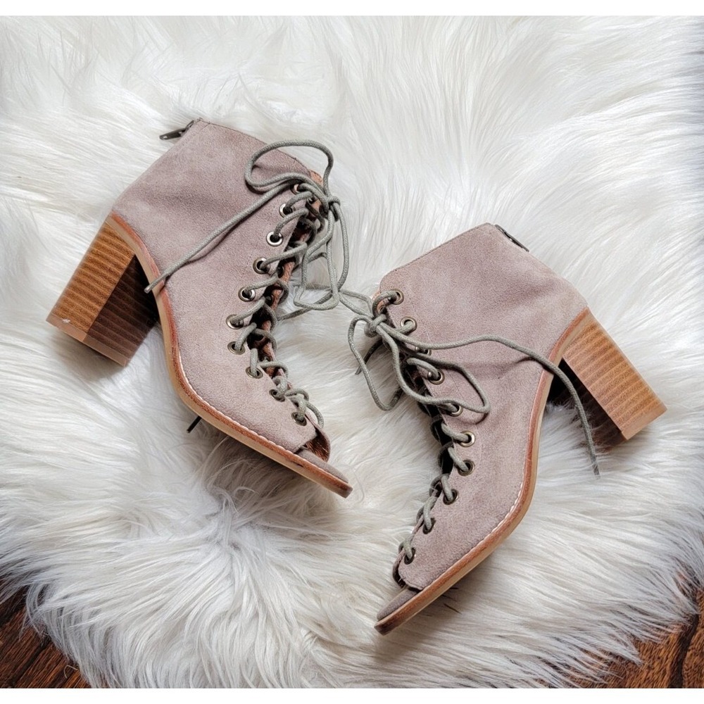 Jeffrey Campbell Cors Taupe Suede Lace Up Ankle Booties Shoes Heels Size 5